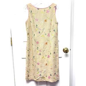 Vintage Sheri Martin Linen Dress Embroidered Floral Sheath Beige 90s Womens 10